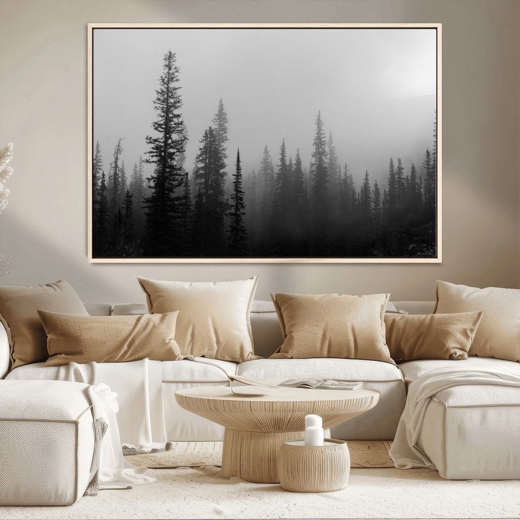 Misty Pines Wall Art Canvas Print, Framed Woodland Minimalist Black and White