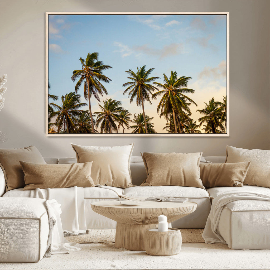 Palm Trees Wall Art Canvas Print, Framed Tropical Vibes Coastal Sunset