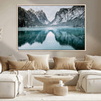 Mountain Lake Wall Art Canvas Print, Framed Toblacher See Winter Wonderland