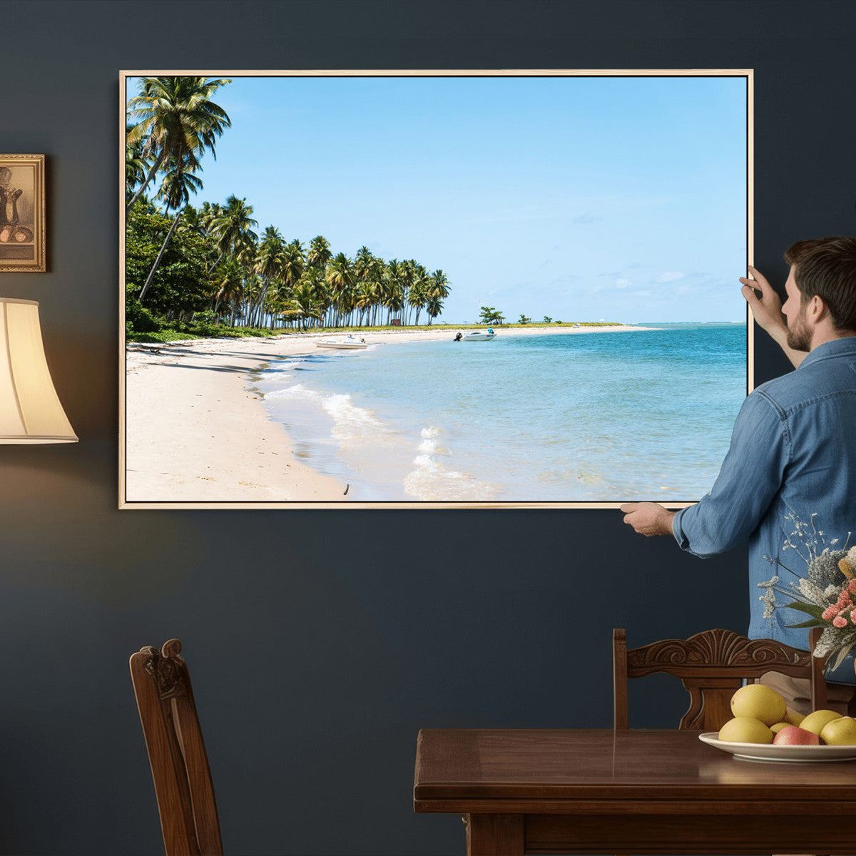 Palm Tree Coast Wall Art Canvas Print, Framed Island Getaway with Crystal Blue Water