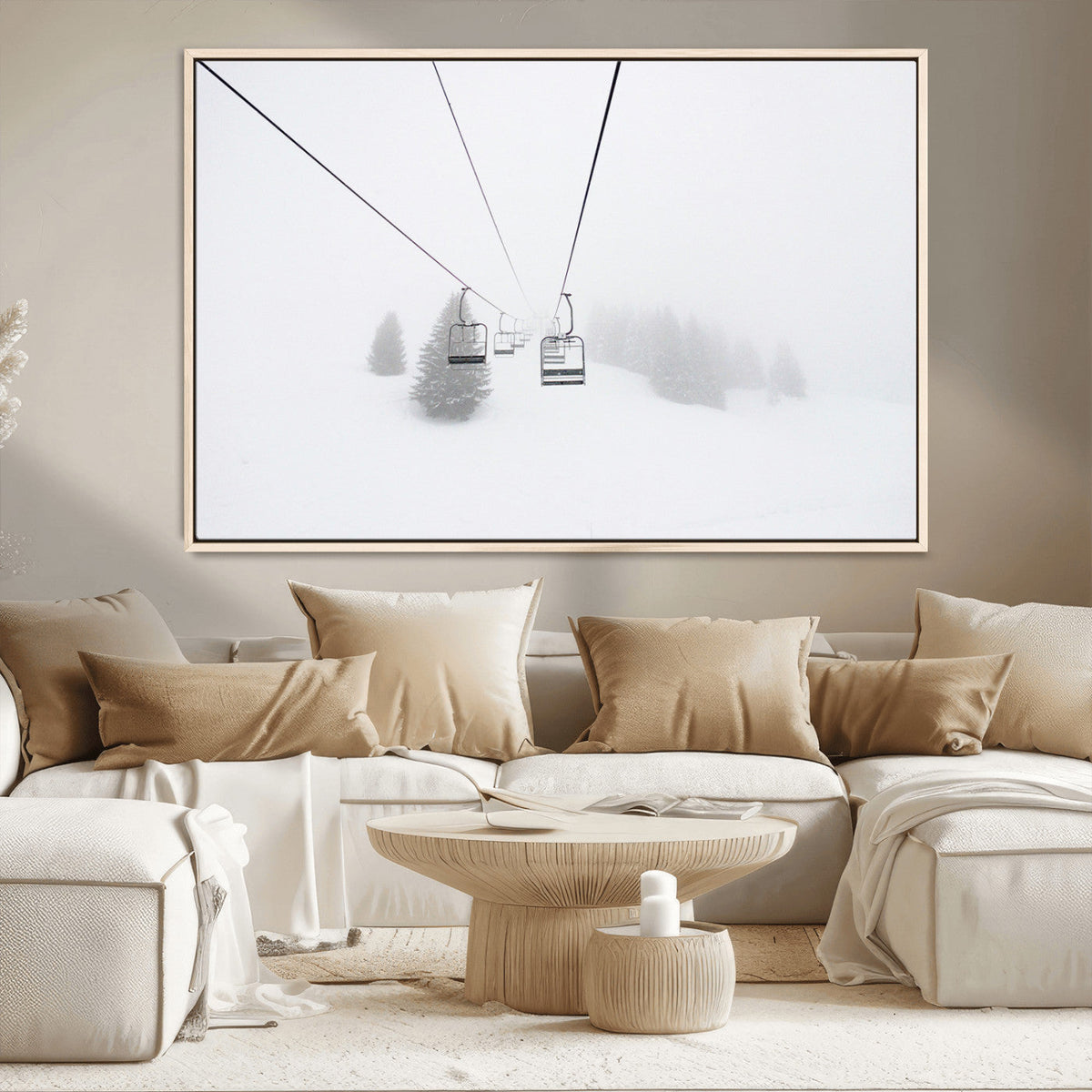 Ski Lift Wall Art Canvas Print, Framed Snowy Landscape Art, Alpine Adventure Nordic Minimalist Decor