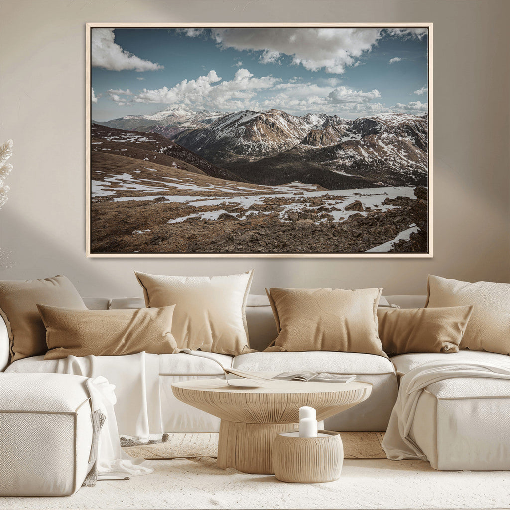 Mountain Landscape Wall Art Canvas Print, Framed Snowy Peaks Art, Rugged Highlands Rustic Adventure Decor