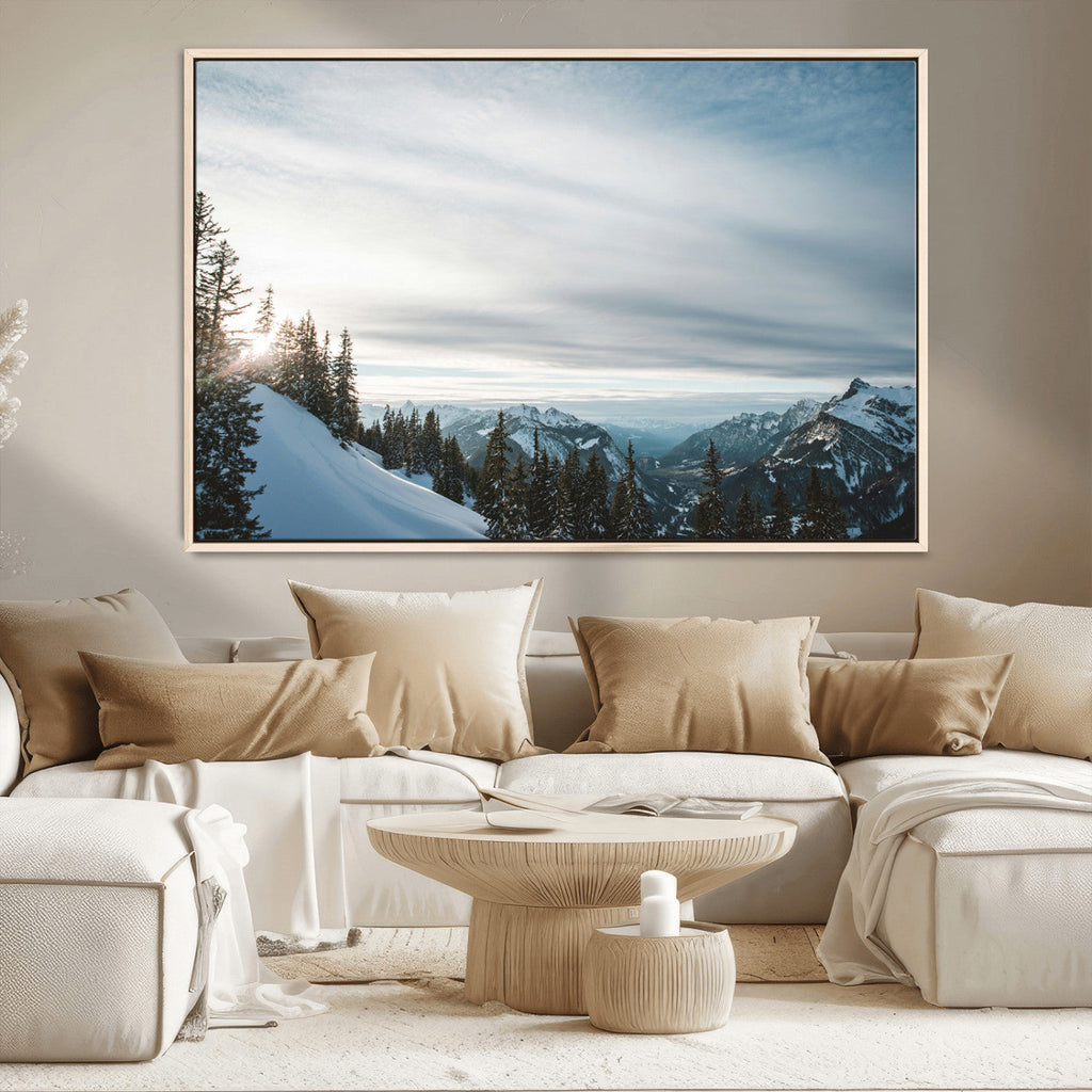 Snowy Mountains Wall Art Canvas Print, Framed Alpine Landscape Frosty Peaks Artwork