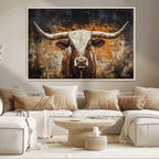 Abstract Longhorn Bull Wall Art Canvas Print, Vintage Western Texas Steer Artwork