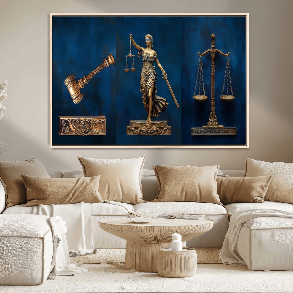 Lady Justice Wall Art Canvas Print, Elegant Gold Legal Symbols on Blue, Law Office Decor