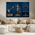 Lady Justice Wall Art Canvas Print, Elegant Gold Legal Symbols on Blue, Law Office Decor