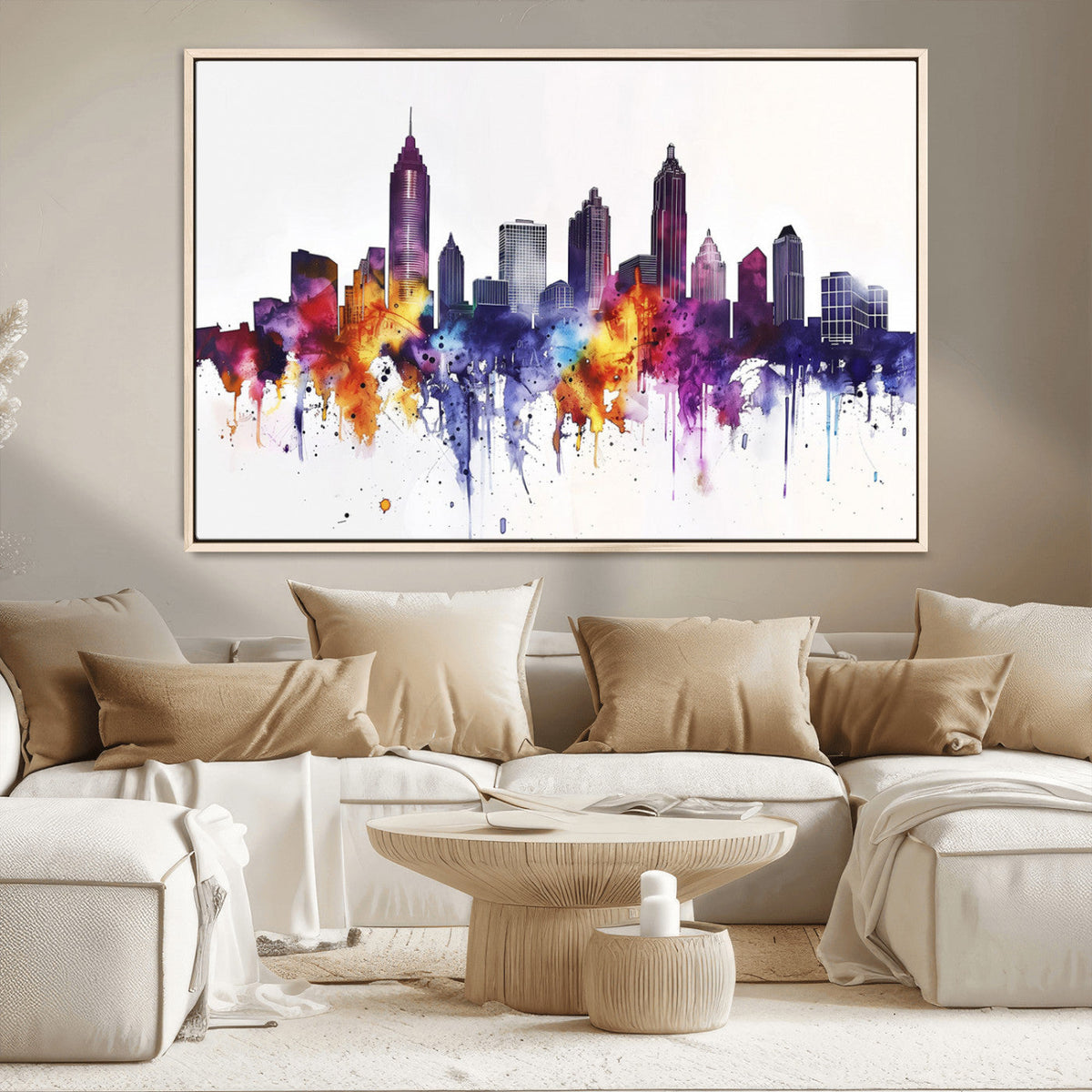 Atlanta Skyline Wall Art Canvas Print, Framed Colorful Watercolor Cityscape
