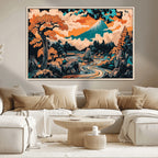 Japanese Landscape Wall Art Canvas Print, Mount Fuji with Flowing River and Autumn Trees