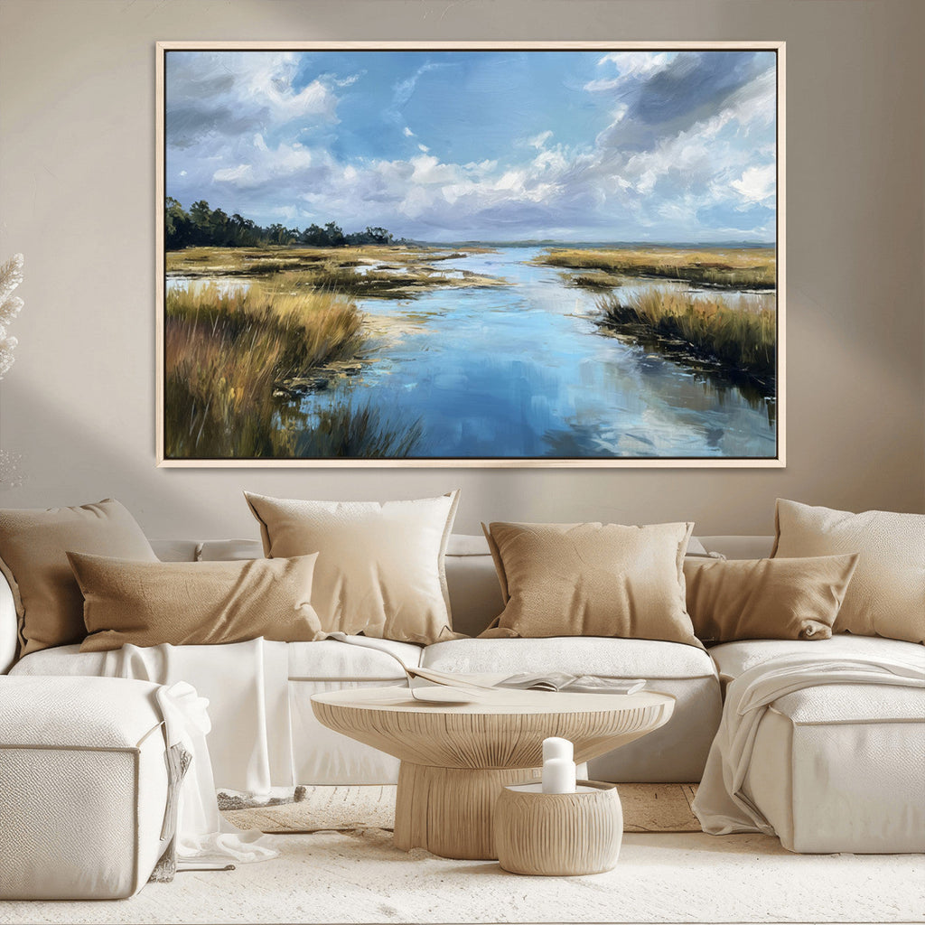 Marshland Wall Art Canvas Print, Serene Water Reflection with Blue Sky and Golden Grass