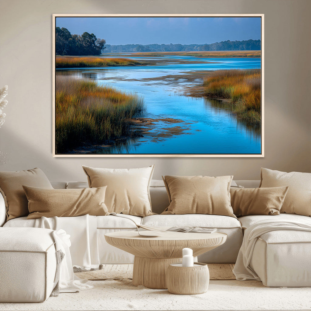 Tranquil Marshland Wall Art Canvas Print, Blue Water Reflecting Sky and Golden Grasses