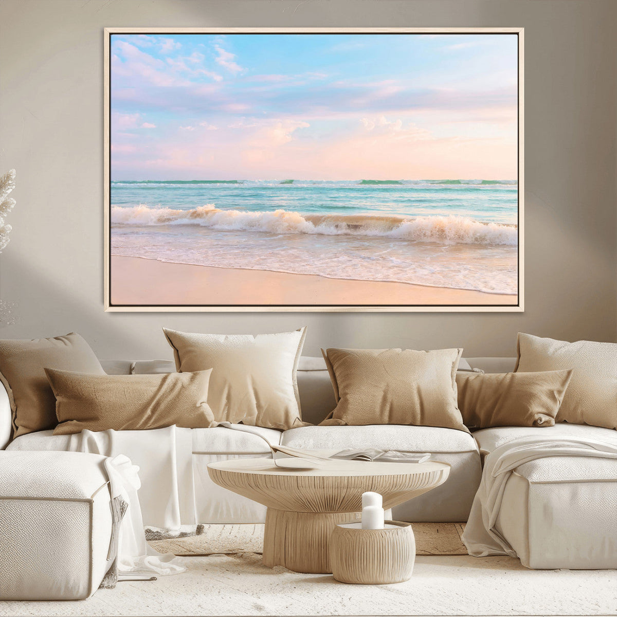 Serene Ocean Waves Wall Art Canvas Print, Pastel Sky Over a Soft Sand Beach