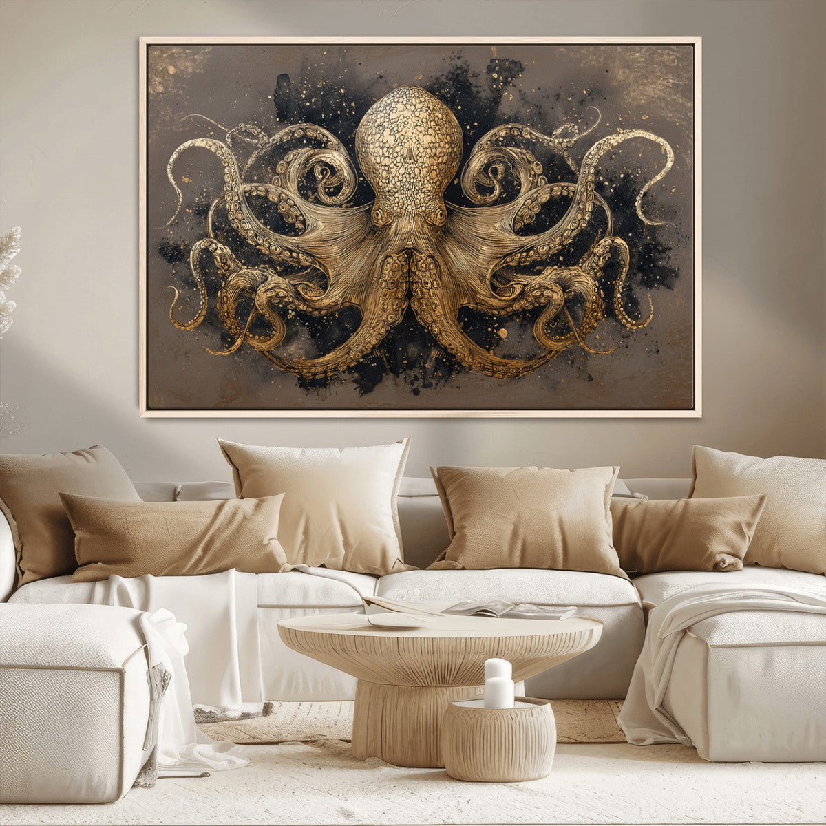 Octopus Wall Art Canvas Print, Black and Gold Detailed Tentacles Nautical Illustration