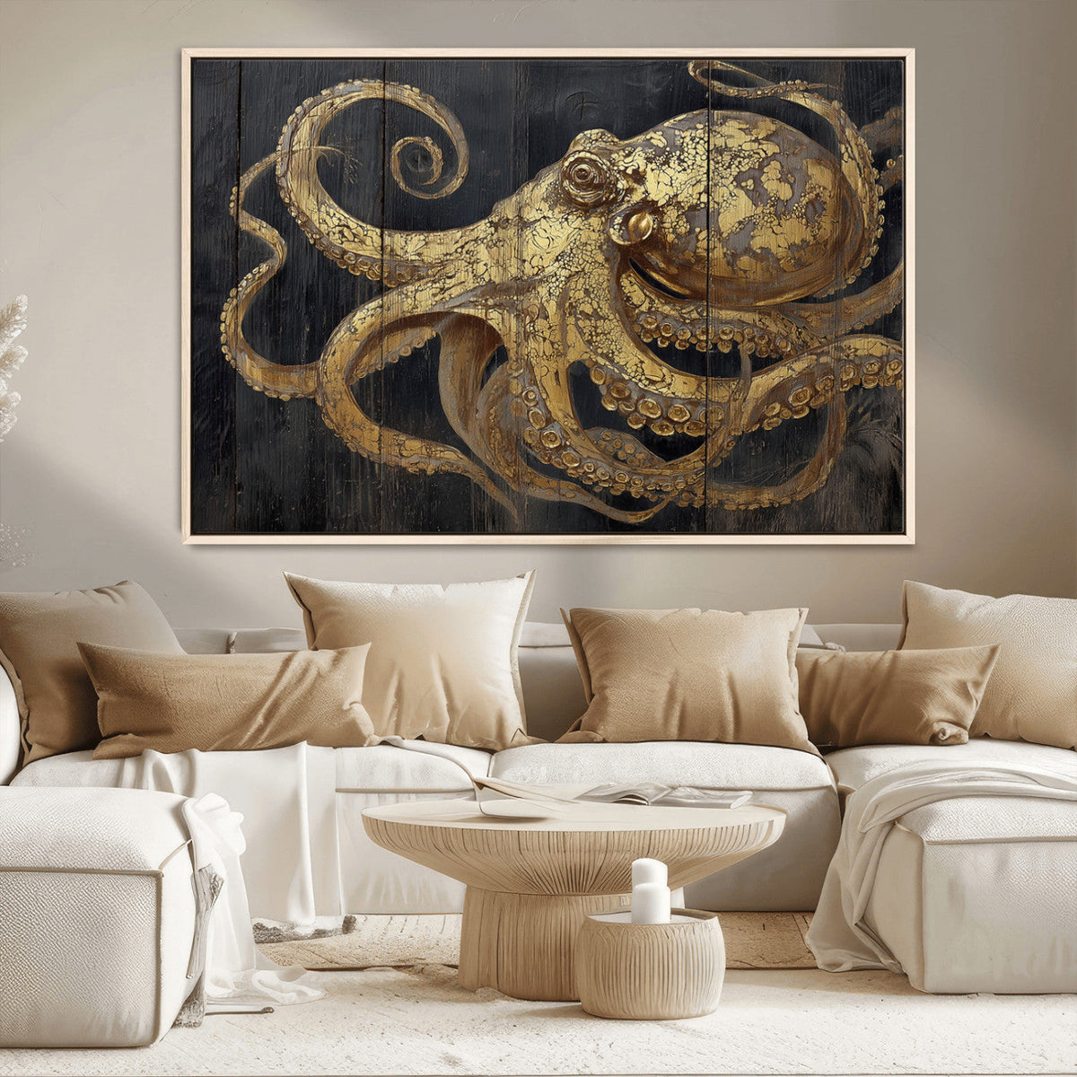 Octopus Wall Art Canvas Print, Gold Detail Octopus on Wooden Plank Background