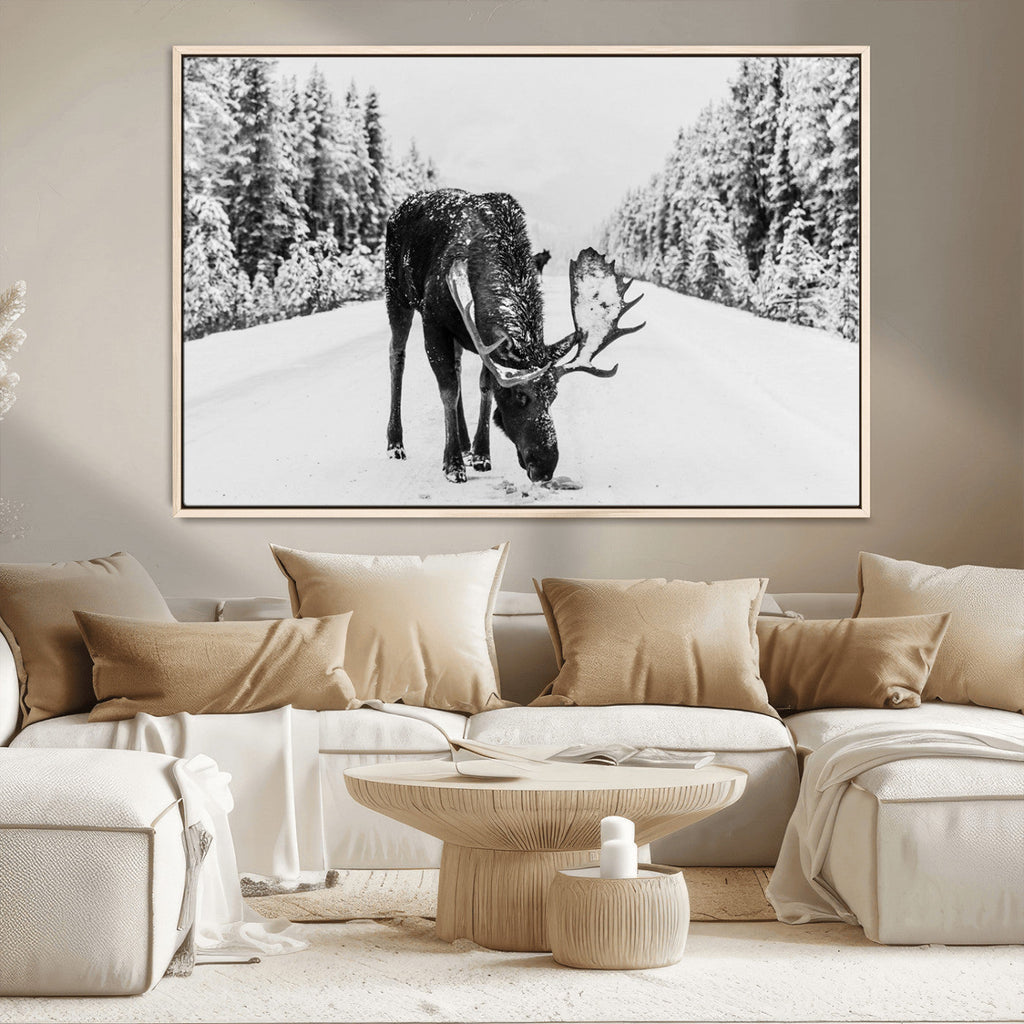 Moose Wall Art Canvas Print, Winter Moose with Antlers in a Snowy Forest