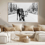 Moose Wall Art Canvas Print, Winter Moose with Antlers in a Snowy Forest