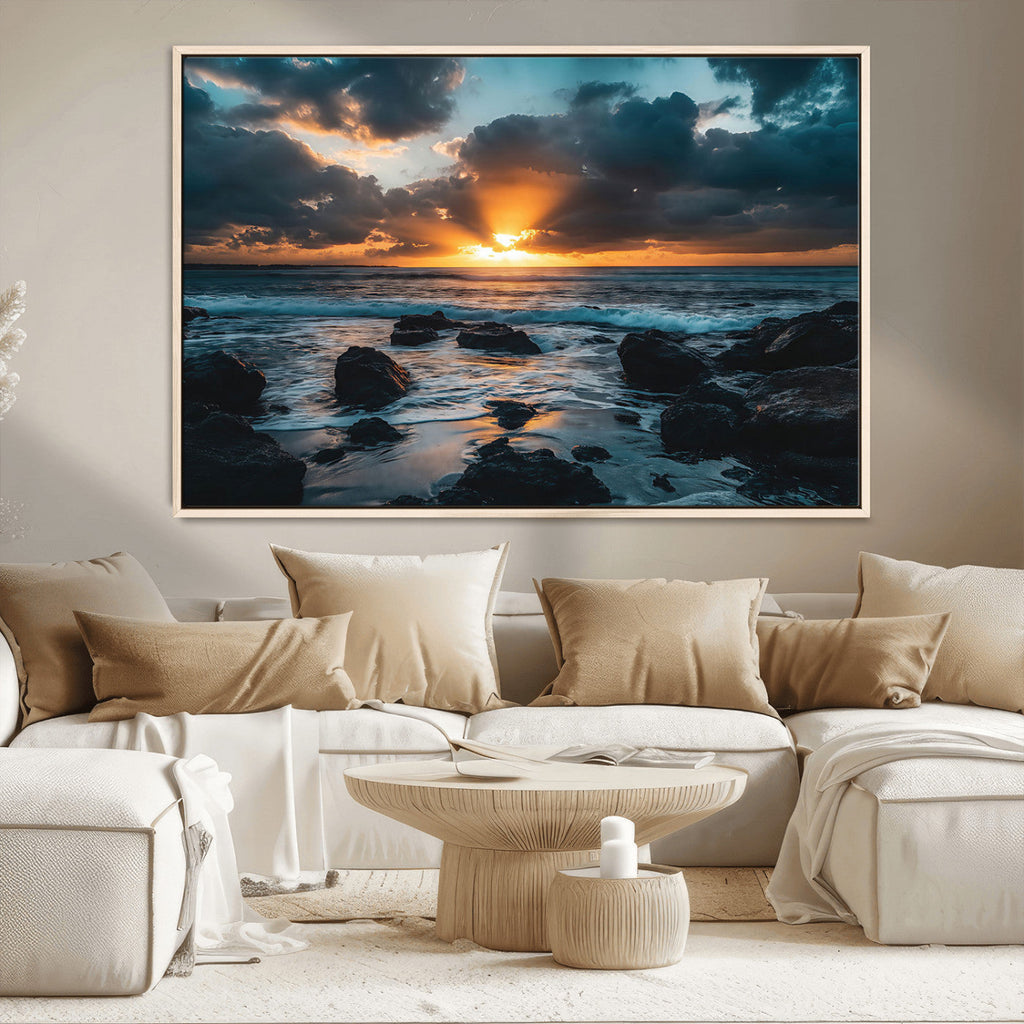 Ocean Sunset Wall Art Canvas Print, Rocky Shore Waves and Golden Sun Rays