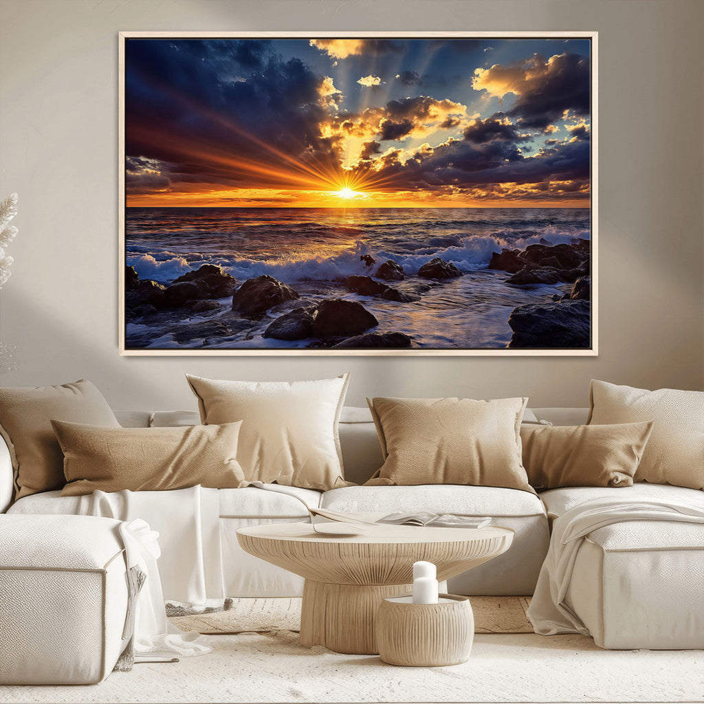 Sunset Ocean Wall Art Canvas Print, Waves on a Rocky Shore Under Dramatic Sky