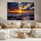 Sunset Ocean Wall Art Canvas Print, Waves on a Rocky Shore Under Dramatic Sky