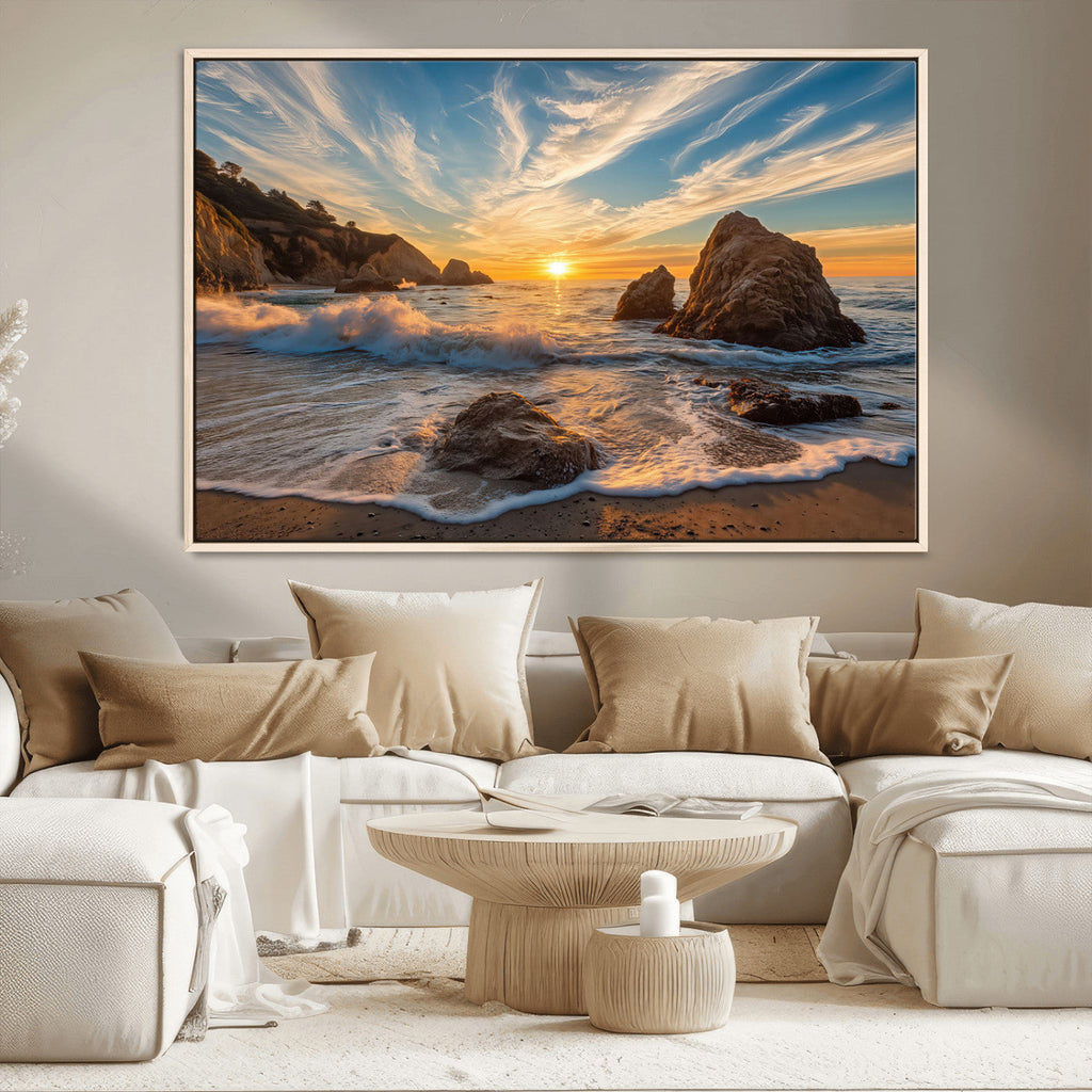 Rocky Ocean Sunset Wall Art Print, Seaside Canvas with Dramatic Seascape