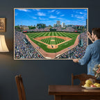 Wrigley Field Baseball Stadium Canvas Wall Art, Packed Crowd and Chicago Skyline