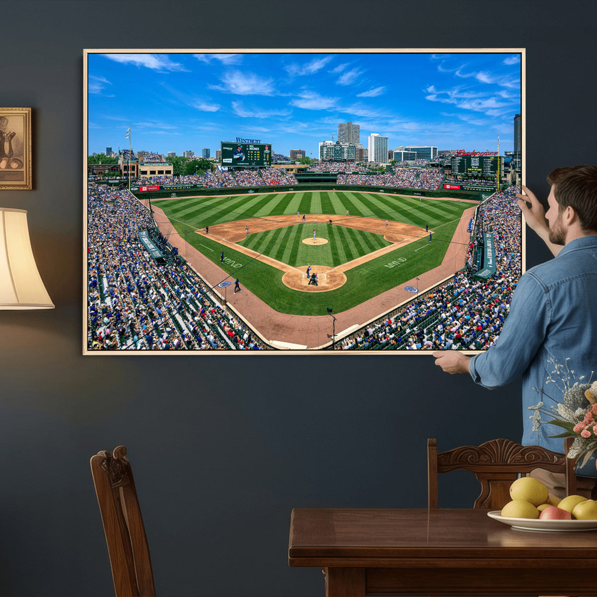 Wrigley Field Baseball Stadium Canvas Wall Art, Packed Crowd and Chicago Skyline
