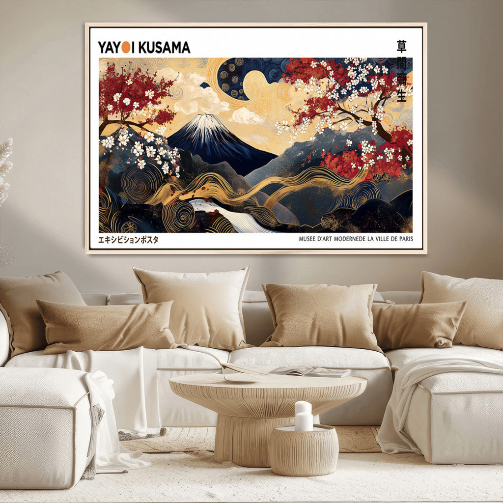 Yayoi Kusama Inspired Japanese Art Canvas Print, Floral Mt. Fuji Modern Asian Wall Decor