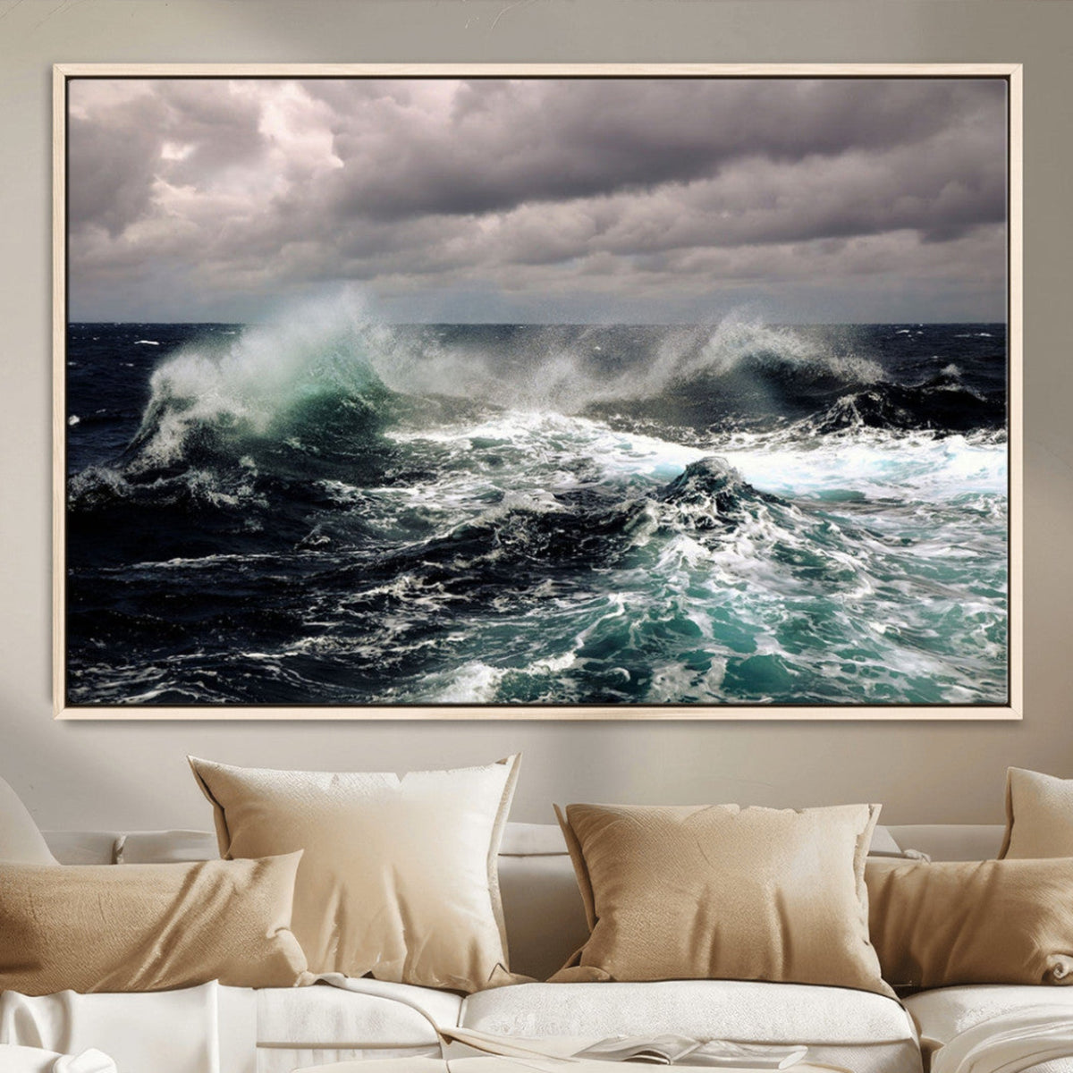 Stormy Ocean Waves Canvas Wall Art, Framed Turbulent Sea Nature Print