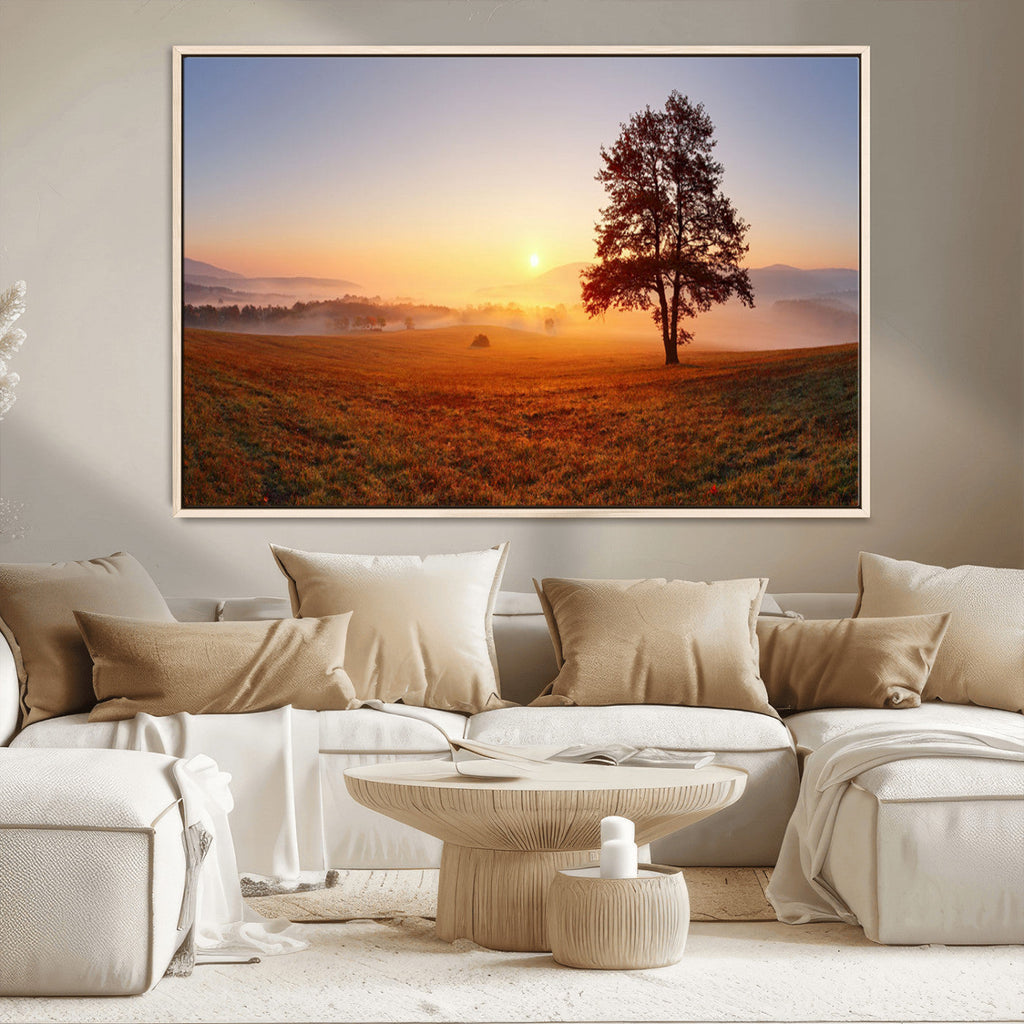 Golden Sunrise Landscape Canvas Wall Art, Framed Misty Field Nature Print