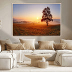 Golden Sunrise Landscape Canvas Wall Art, Framed Misty Field Nature Print