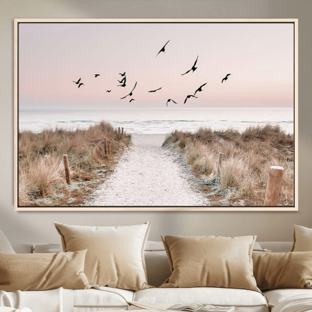 Coastal Pathway Canvas Wall Art Print, Framed Seaside Landscape with Beach and Birds
