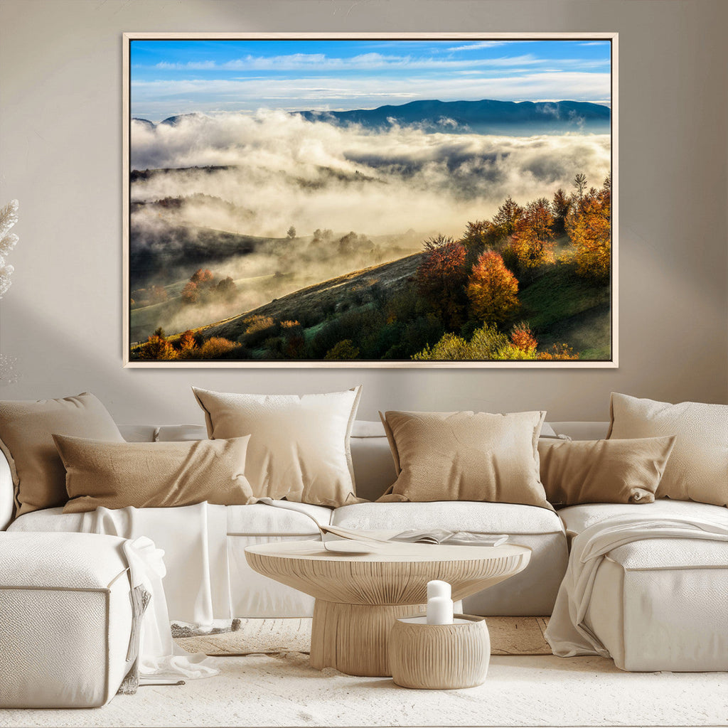 Misty Autumn Hills Wall Art Canvas Print, Foggy Forest Landscape with Fall Foliage