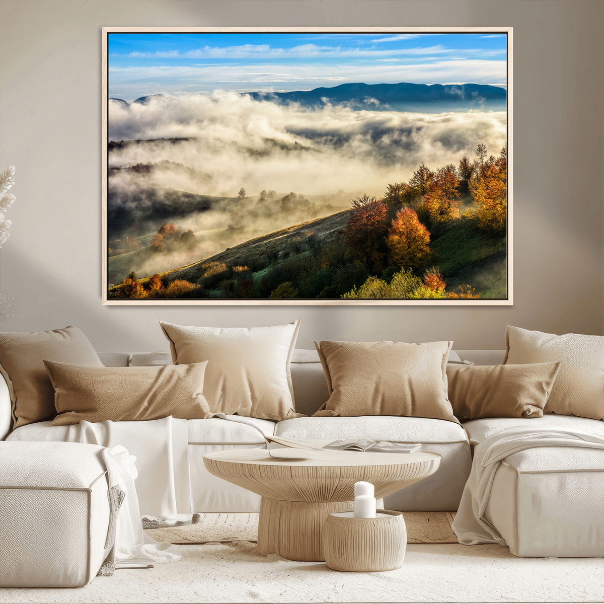 Misty Autumn Hills Wall Art Canvas Print, Foggy Forest Landscape with Fall Foliage