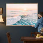 Sunset Surfing Wall Art Canvas Print, Ocean Wave Surfer with Golden Sky