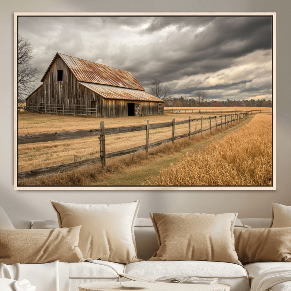 Rustic Farm Barn Wall Art Canvas Print, Stormy Sky Country Decor