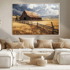 Golden Wheat Field Barn Canvas Print, Rustic Farm Landscape Under Dramatic Sky