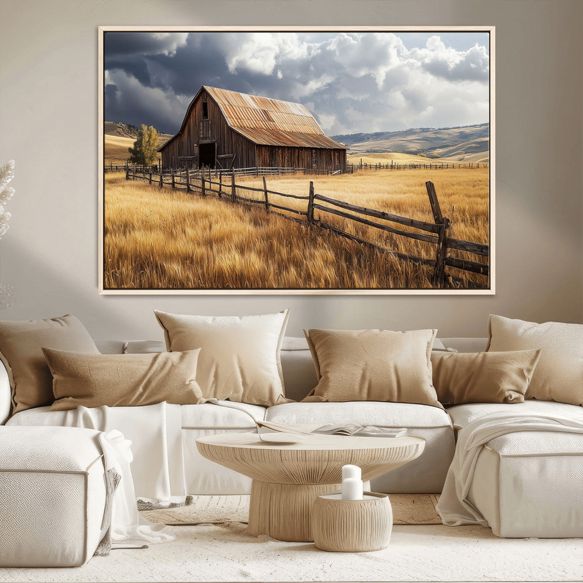 Golden Wheat Field Barn Canvas Print, Rustic Farm Landscape Under Dramatic Sky