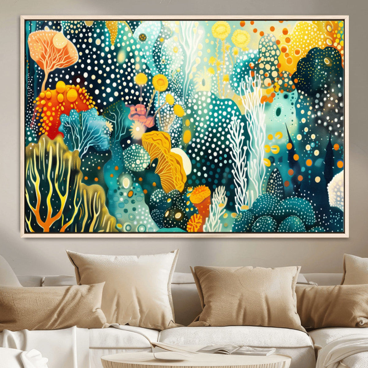 Luminous Abstract Ocean Garden Wall Art Canvas Print, Vibrant Coral Reef Marine Life