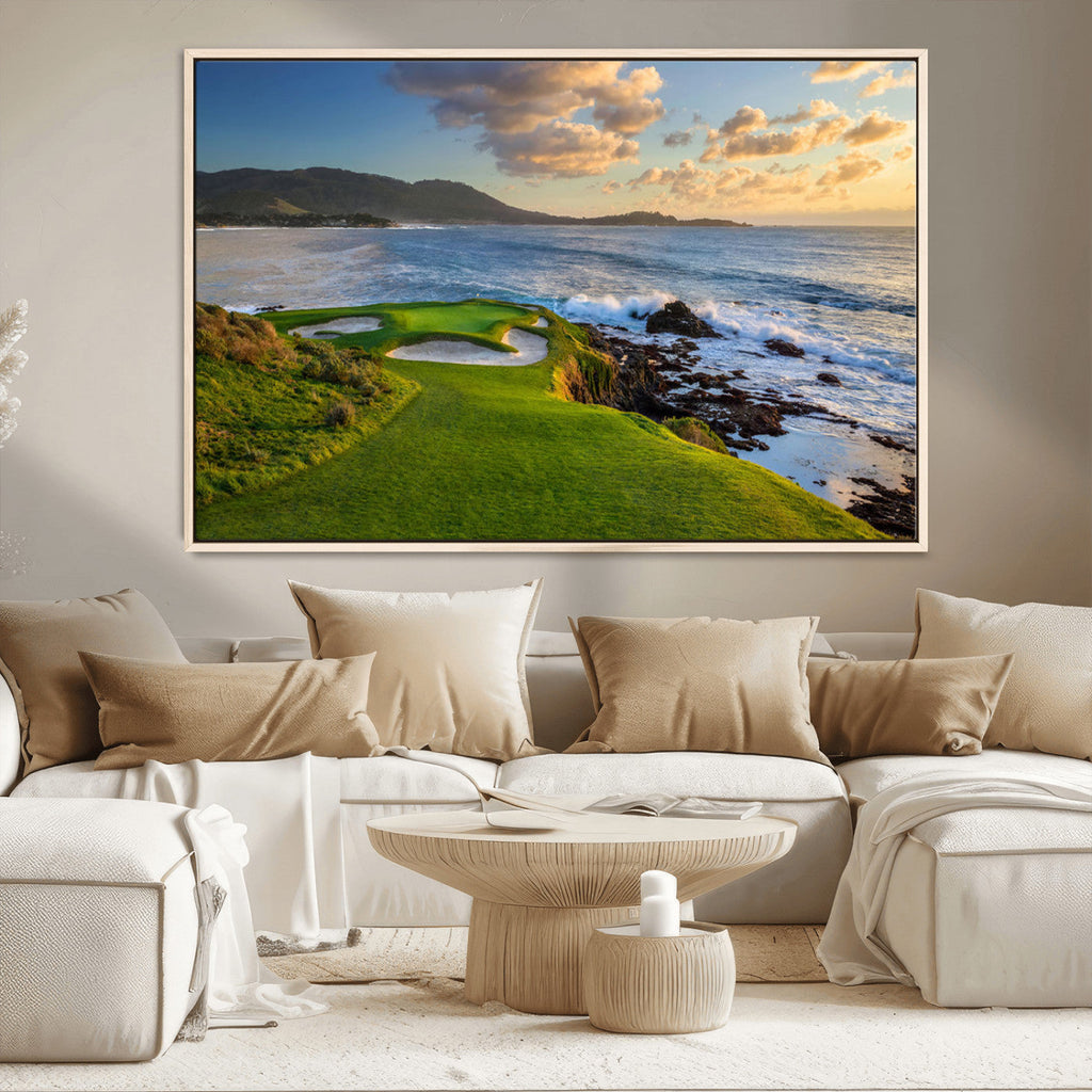 Coastal Golf Course Wall Art Canvas Print, Sunset with Rolling Green Fairways and Ocean Waves