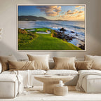 Coastal Golf Course Wall Art Canvas Print, Sunset with Rolling Green Fairways and Ocean Waves