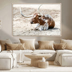 Majestic Longhorn Wall Art Canvas Print, Resting on Sunlit Desert Ground