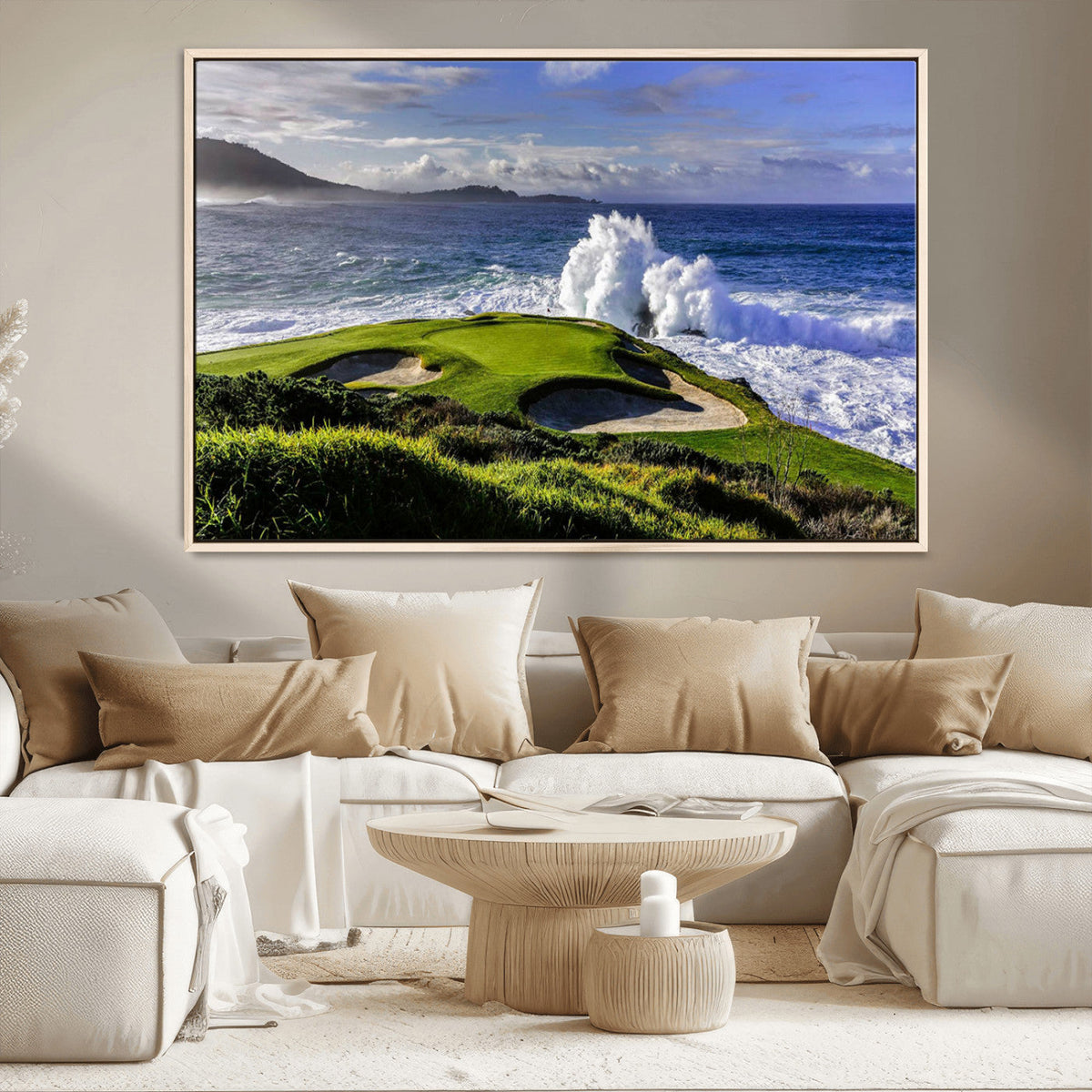 Ocean Waves Crashing Wall Art Canvas Print, Dramatic Rocky Coastline Near a Golf Course