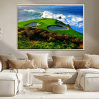 Coastal Golf Course Wall Art Canvas Print, Vibrant Green with Sand Bunkers and Ocean Waves