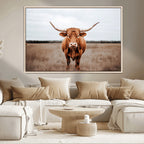 Longhorn Bull Wall Art Canvas Print, Framed Rustic Decor