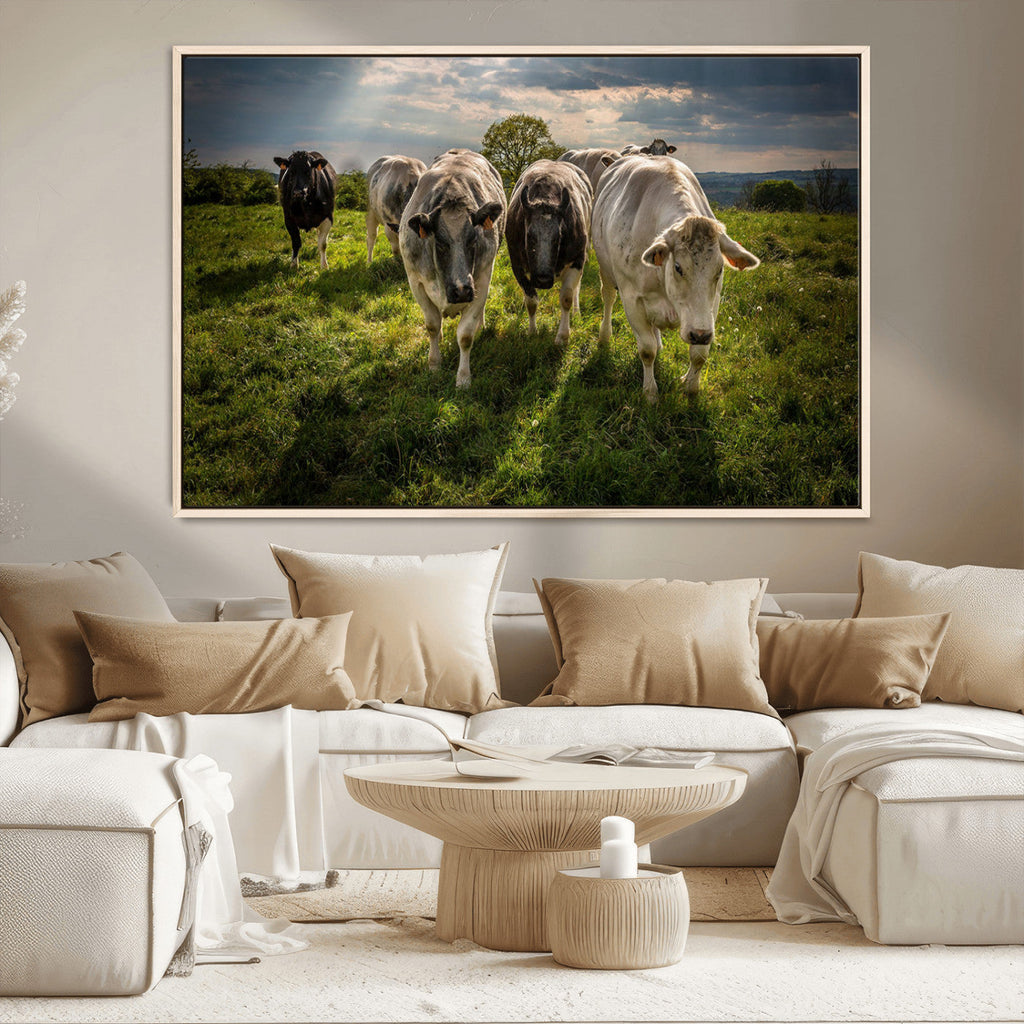 Grazing Cattle Herd Wall Art Canvas Print, Framed Green Pasture Farm Scene