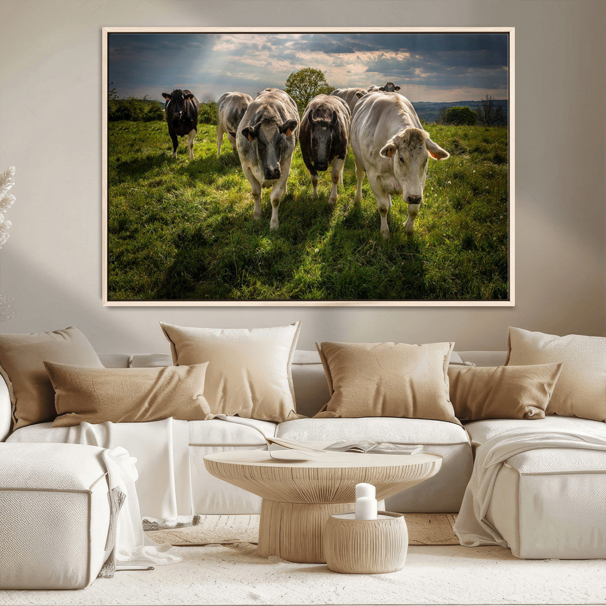 Grazing Cattle Herd Wall Art Canvas Print, Framed Green Pasture Farm Scene