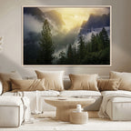 Misty Forest Sunrise Wall Art Canvas Print, Framed Mountain Valley Pine Trees