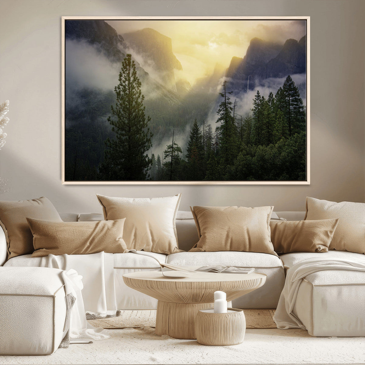 Misty Forest Sunrise Wall Art Canvas Print, Framed Mountain Valley Pine Trees