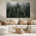 Misty Pine Forest Wall Art Canvas Print, Lush Green Trees Surrounded by Gentle Fog