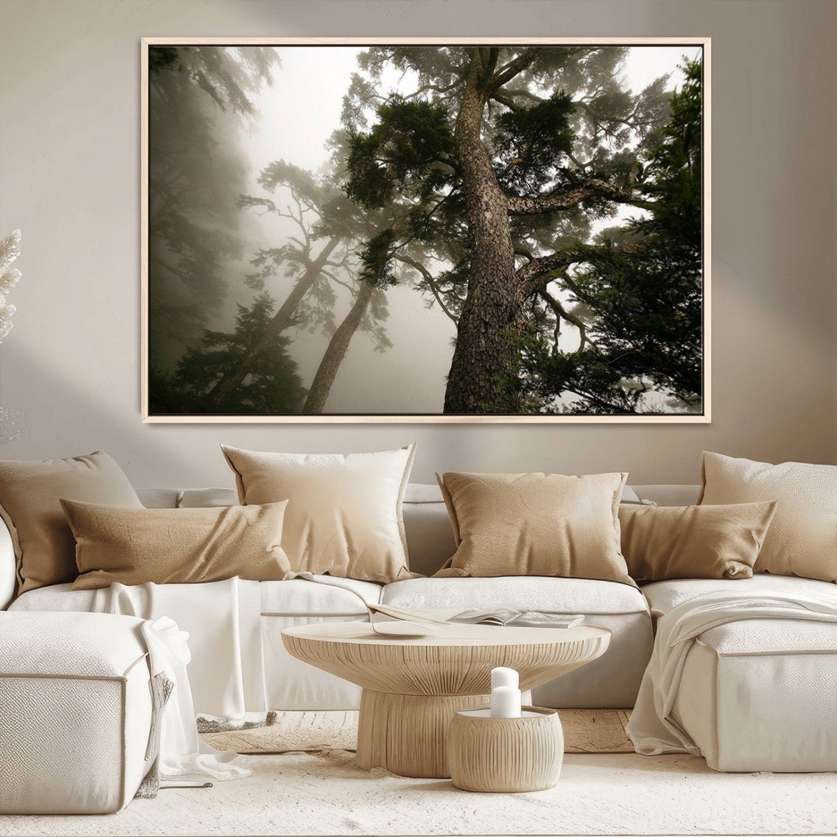 Misty Forest Wall Art Canvas Print, Framed Tall Trees in Foggy Atmosphere