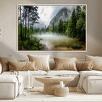 Misty Lake Forest Wall Art, Green Trees and Calm Water Reflection, Mountain Fog Landscape Canvas